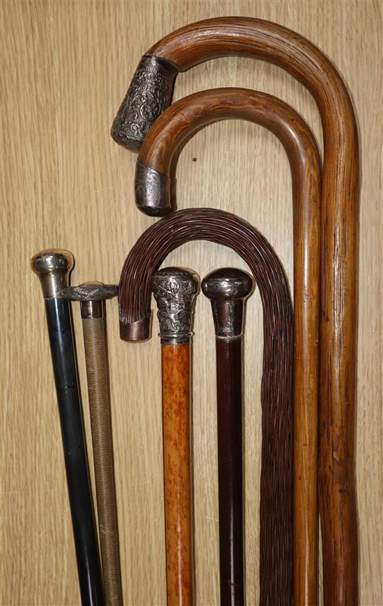 Six silver mounted walking canes and another 9ct gold mounted cane
